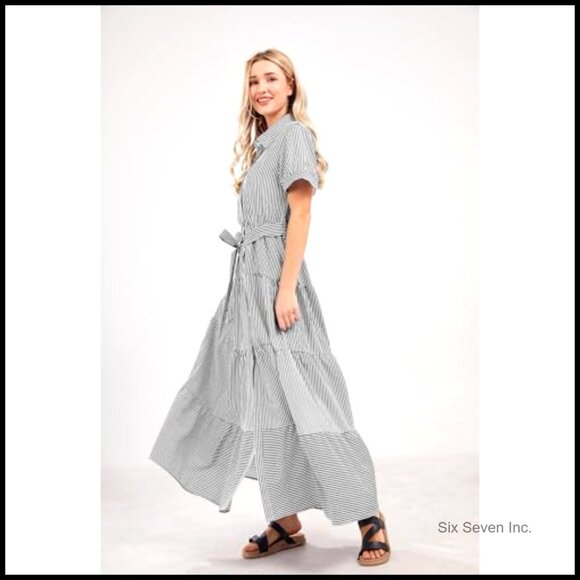 Casual Short Sleeve Button Down Tie Waist Ruffled Maxi Shirt Dress - Picture 4 of 7